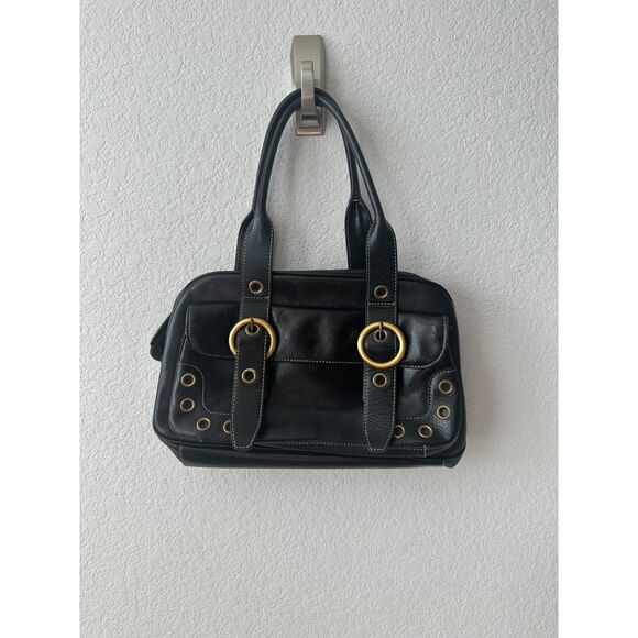 MAXX/New York belted black leather steel rings Shoulder Purse - Picture 1 of 6